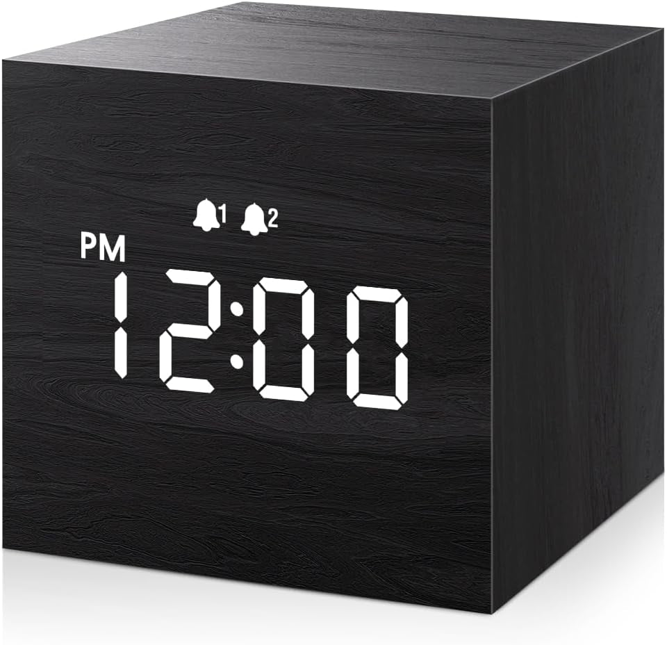 Digital Alarm Clock, with Wooden Electronic LED Time Display, 3 Alarm, 2.5-Inch Cubic Small Mini Wood Made Electric Clocks for Bedroom, Bedside, Desk, Black