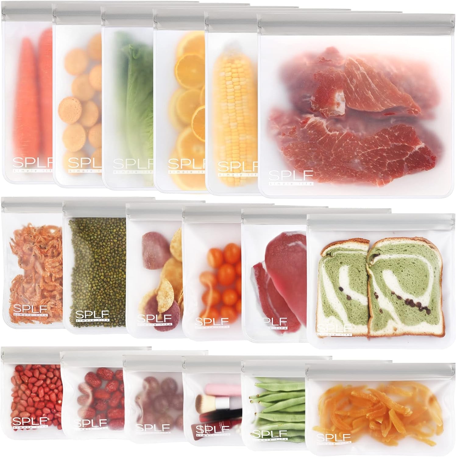18 Pack Reusable Food Storage Bags Dishwasher Safe | Extra Thick Reusable Freezer Bags Leakproof Silicone and Plastic Free Lunch Bag- 6 Gallon, 6 Sandwich, 6 Snack