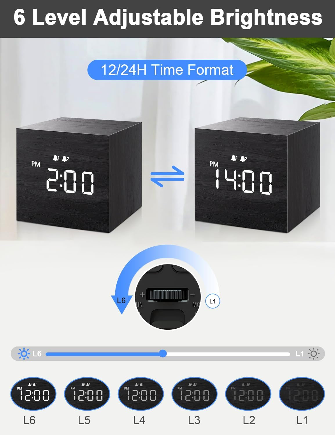 Digital Alarm Clock, with Wooden Electronic LED Time Display, 3 Alarm, 2.5-Inch Cubic Small Mini Wood Made Electric Clocks for Bedroom, Bedside, Desk, Black
